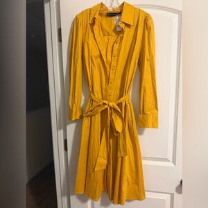 New York & Company Mustard Yellow Long Sleeve Belted Dress, Size Medium